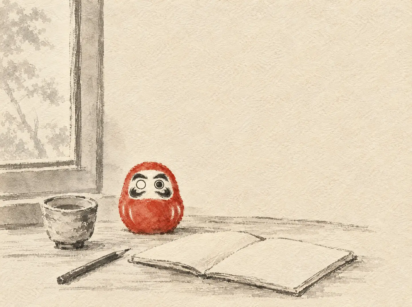 An ink painting of a quiet desk by a window with an open notebook and a cup of tea, and a small red Daruma with one eye painted.