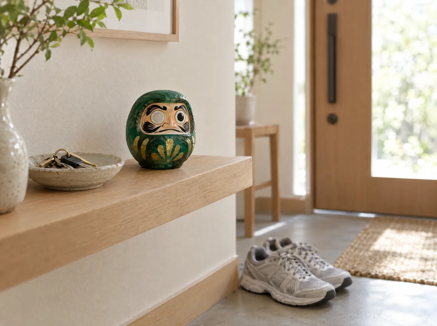 A small green Daruma with one eye painted on a wooden shelf by a front door, next to a dish of keys, with running shoes on the floor below.