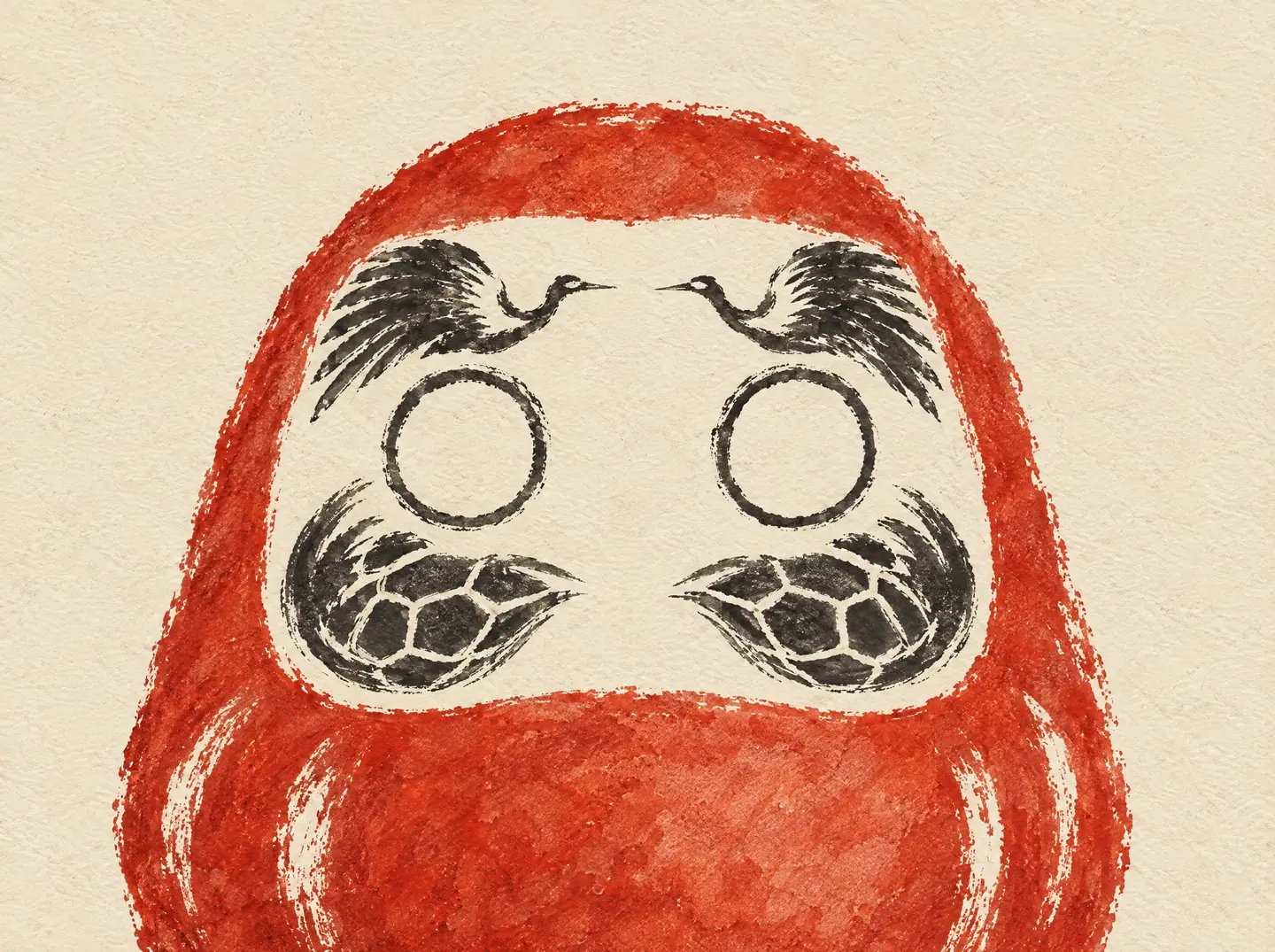An ink painting of a red Daruma's face, with eyebrows drawn as flying cranes and a beard drawn as a turtle shell.