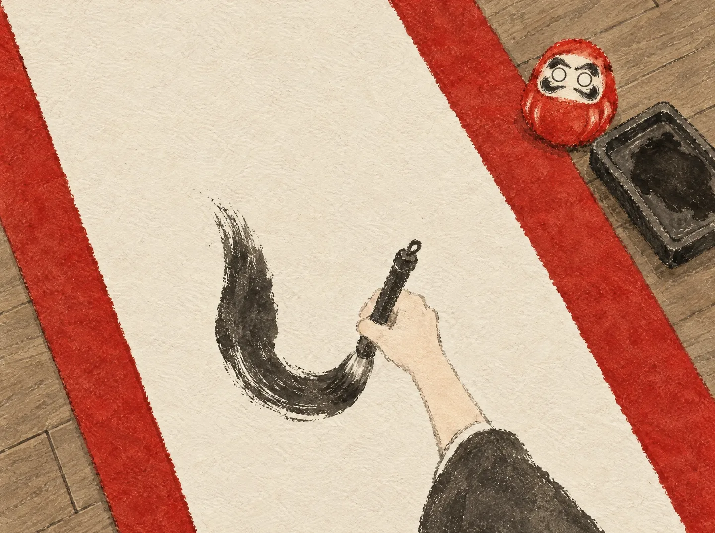 An ink painting seen from above of a hand writing one bold brush stroke on a long sheet of white paper on a red felt mat, with an ink stone and a small red Daruma beside it.
