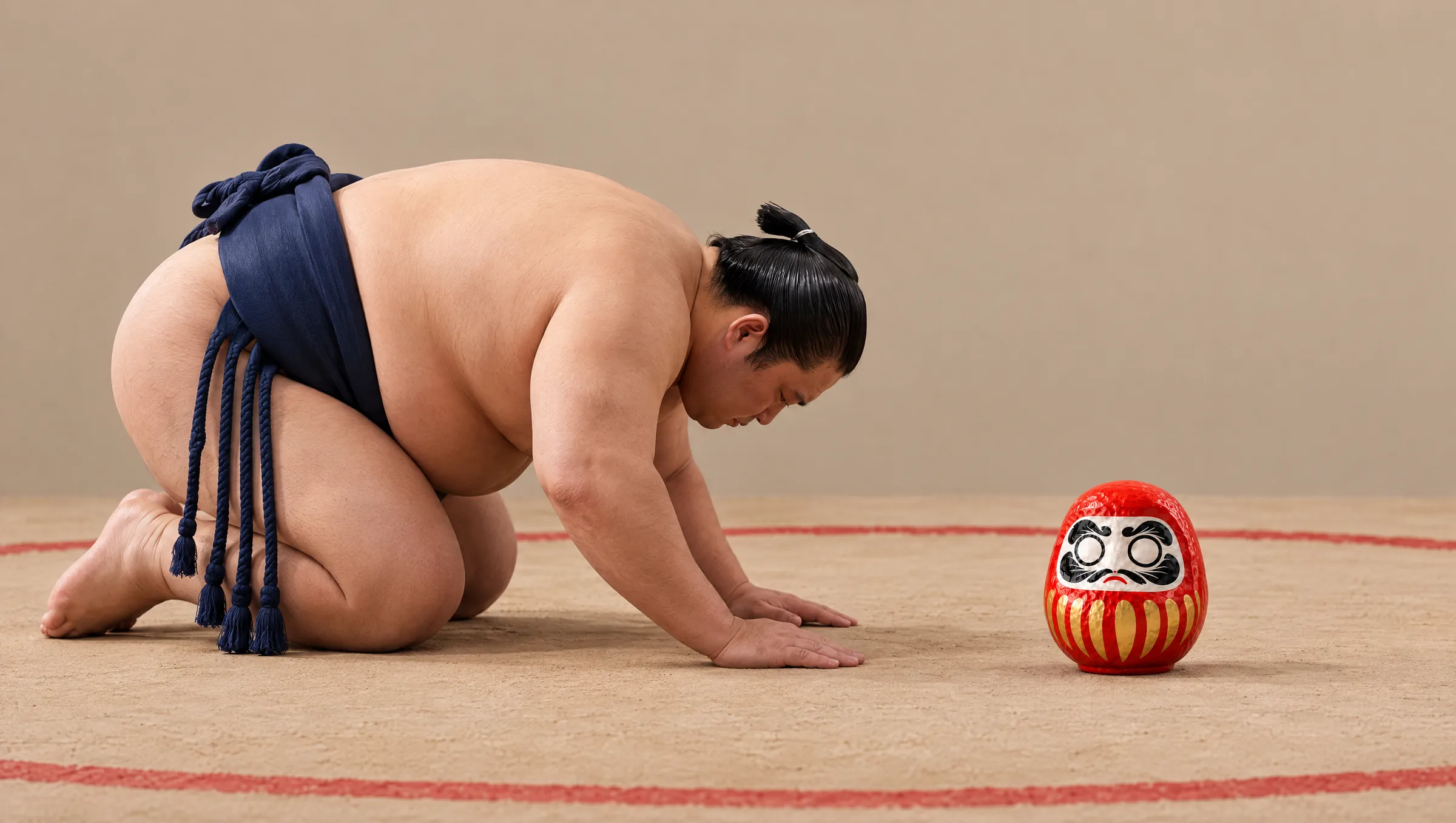 A sumo wrestler kneels in the ring and bows low to a small red Daruma standing in front of him, completely serious.