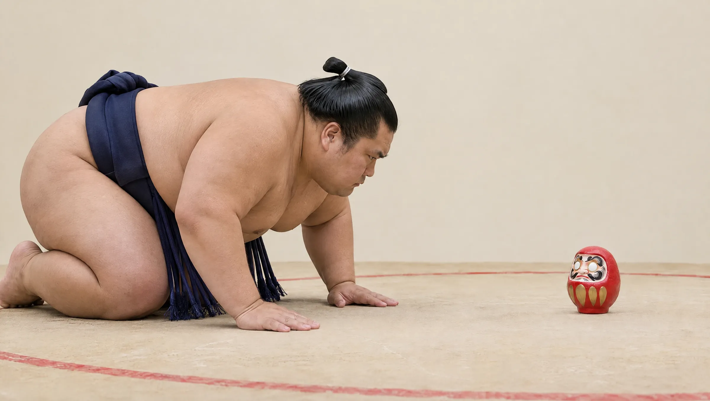 A sumo wrestler kneels in the ring and bows low to a tiny red Daruma standing in front of him, completely serious.