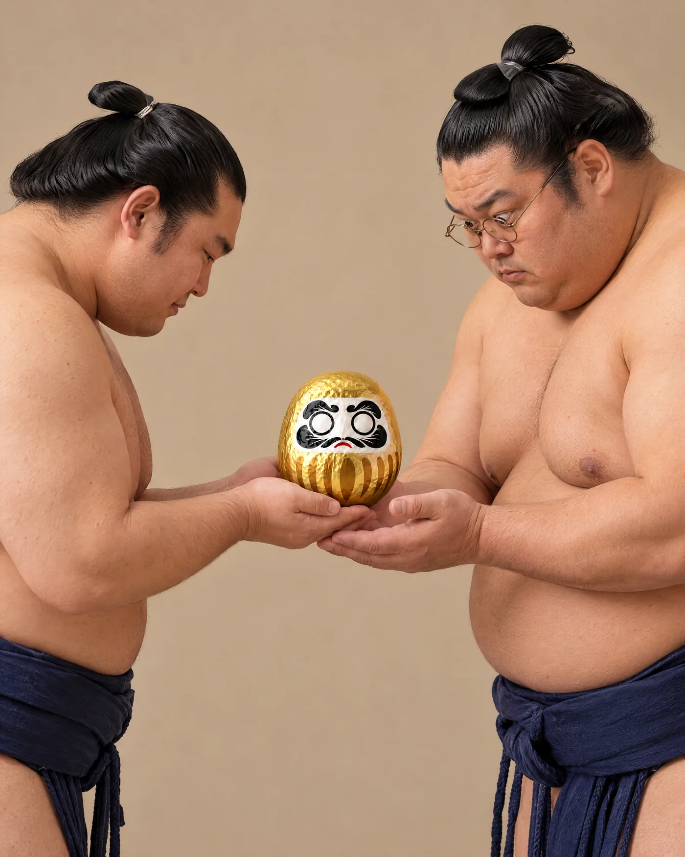 Two sumo wrestlers face each other. One bows and offers a gold Daruma with both hands. The other receives it in his palms and studies it through small reading glasses.
