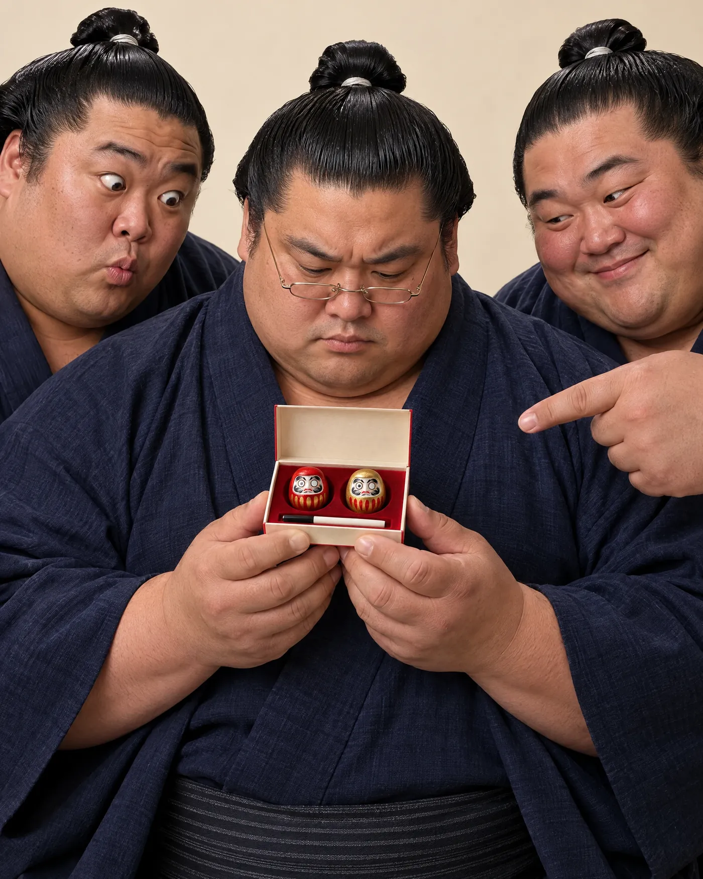 Three sumo wrestlers crowd around a tiny open box with two Daruma inside. One inspects it through small reading glasses, one stares wide-eyed, one points at it proudly.