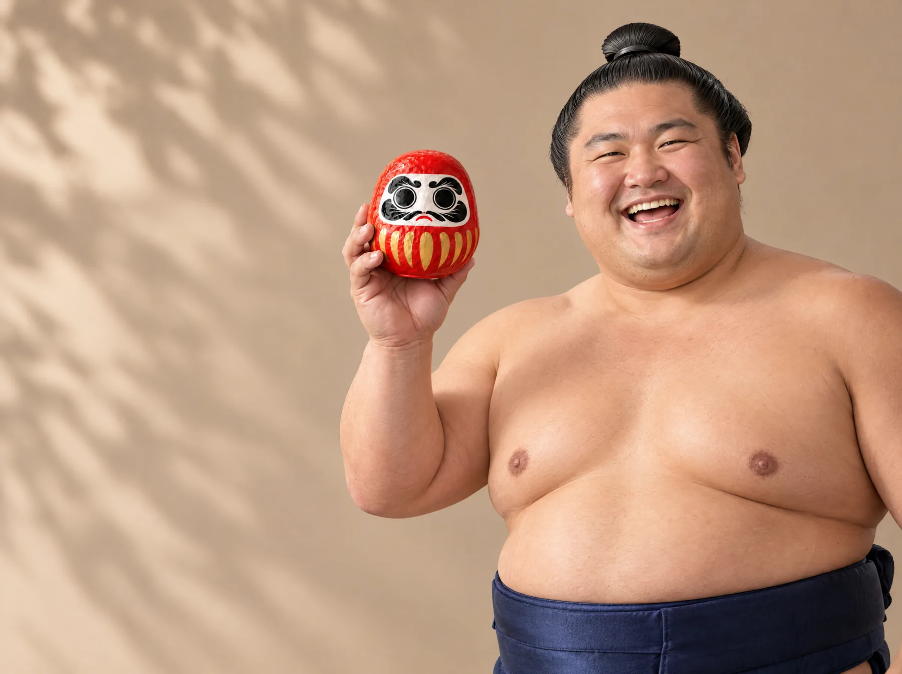 A sumo wrestler in a navy mawashi laughs and holds up a red Daruma with both eyes painted in.
