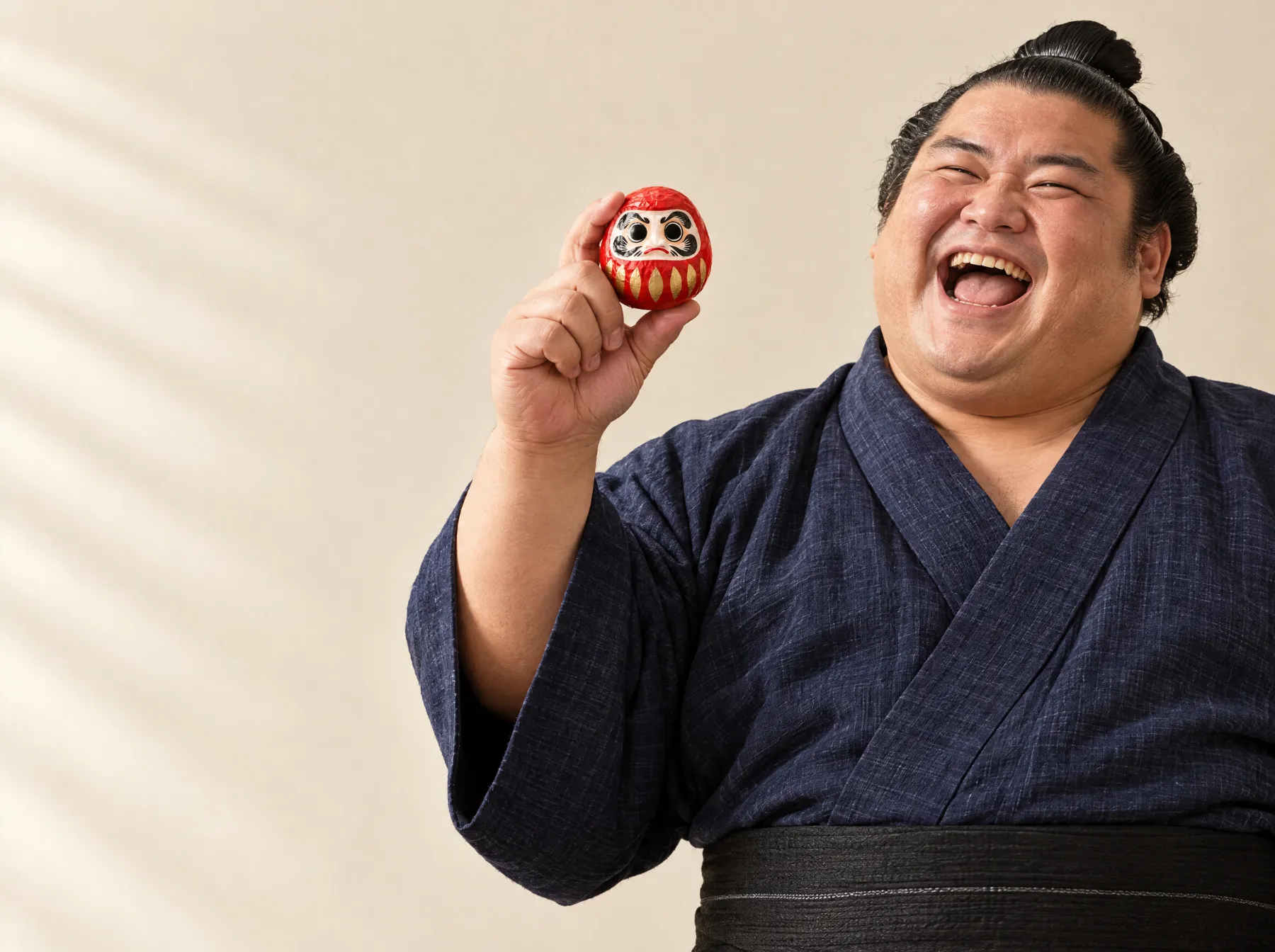 A sumo wrestler in an indigo robe laughs and holds up a tiny red Daruma with both eyes painted in.