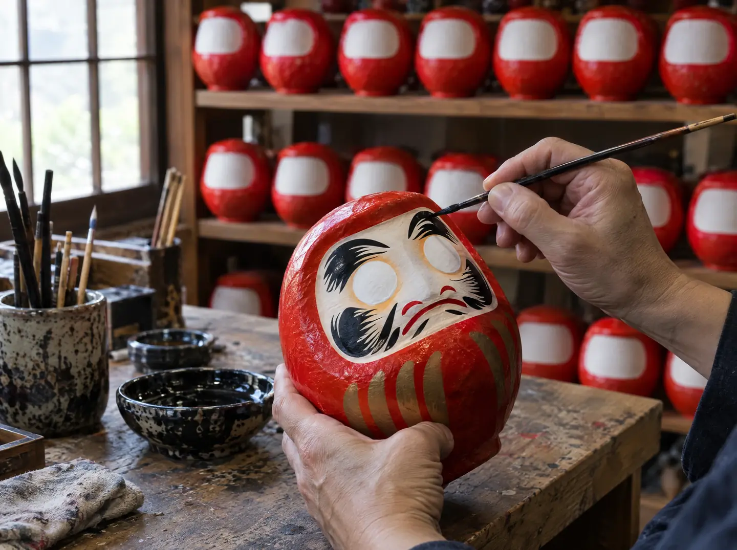 A craftsperson's hands paint black eyebrows on a red papier-mâché Daruma, with rows of unpainted dolls on shelves behind.